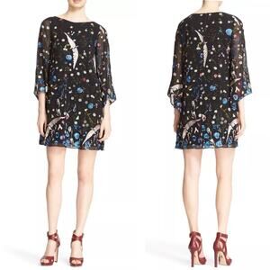 ALICE AND OLIVIA Eleonora Dress Womens L Black Embroidered Floral Flare Sleeve